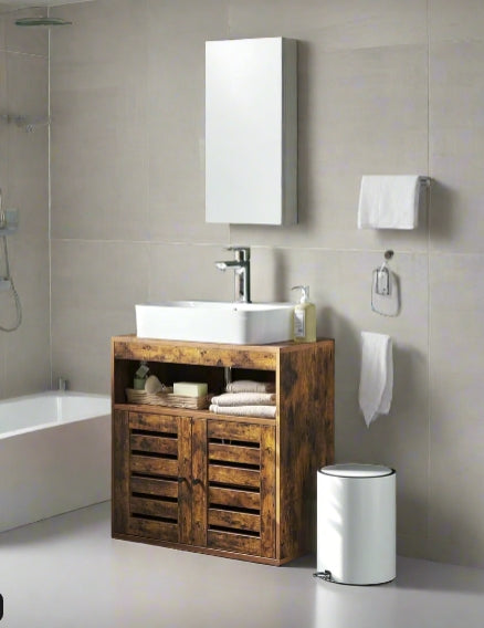 Under Sink Bathroom Cabinet, Rustic Storage Unit with Adjustable Shelf and Louvred Doors