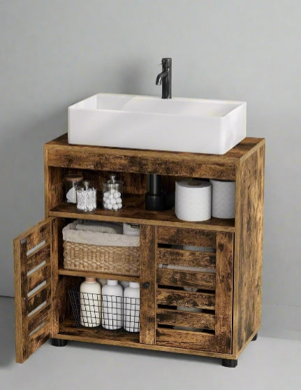 Rustic brown under sink bathroom cabinet with adjustable shelf and louvred doors, ideal for small bathrooms