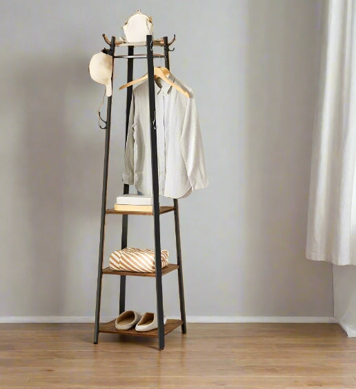 Vintage-style industrial coat rack with black iron frame and rustic brown 3-tier wooden shelves