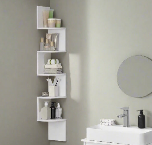 White Corner Wall Shelf – 5-Tier Stylish Bookcase with Rounded Edges, 20 x 20 x 126 cm