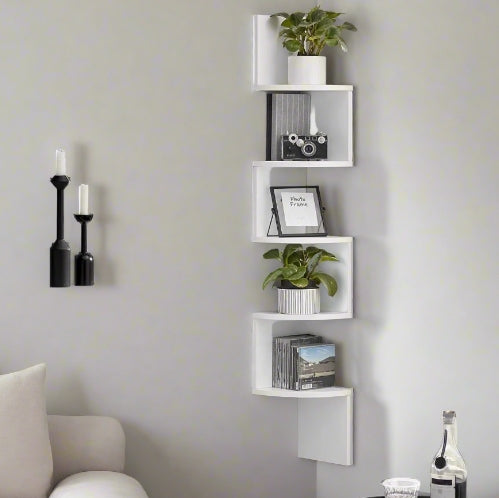 5 Tier White Wall Shelf for Corner Spaces - Bedroom and Living Room