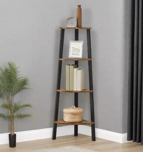 4 tier industrial style corner shelf rustic brown