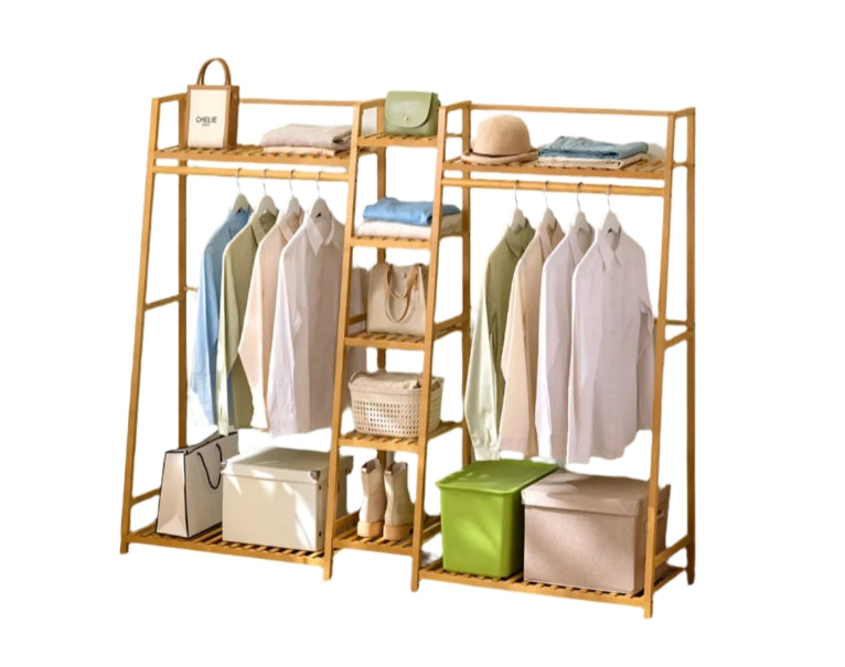 Heavy Duty Bamboo Clothes Rail Rack with Corner Storage Shelves – Natural