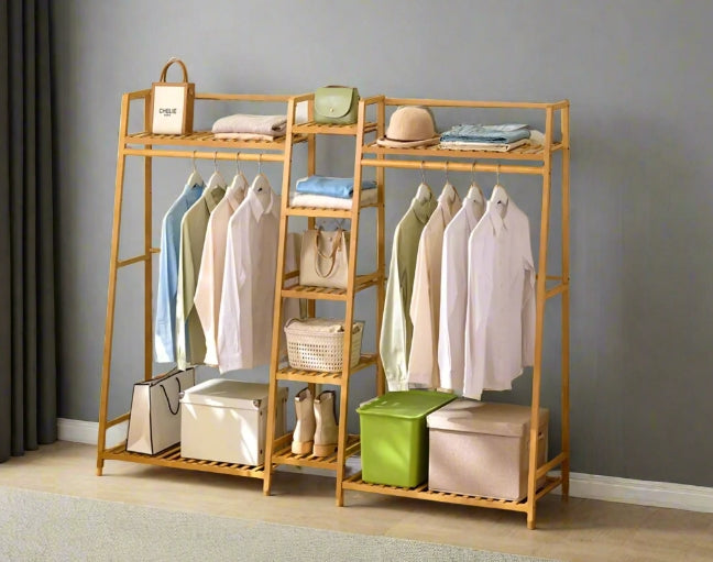 Heavy Duty Bamboo Clothes Rail Rack with Corner Storage Shelves – Natural