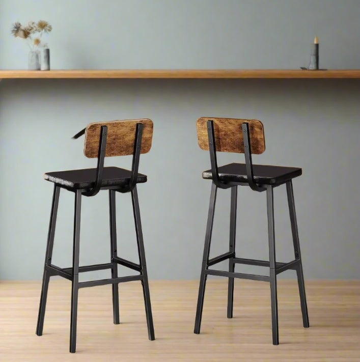 Set of 2 Industrial PU Upholstered Bar Stools – Breakfast Bar Chairs with Backrest
