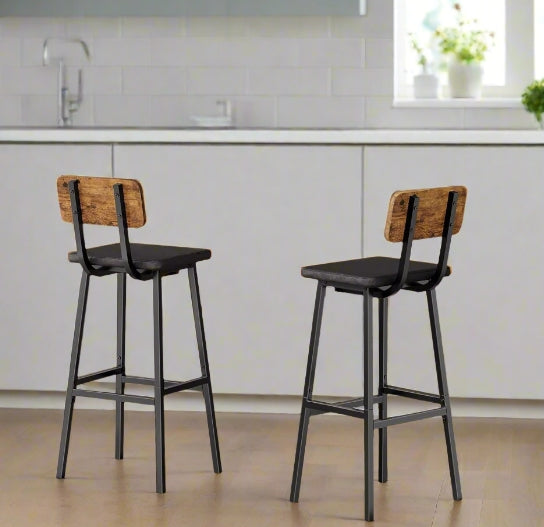 Set of 2 Industrial PU Upholstered Bar Stools – Breakfast Bar Chairs with Backrest