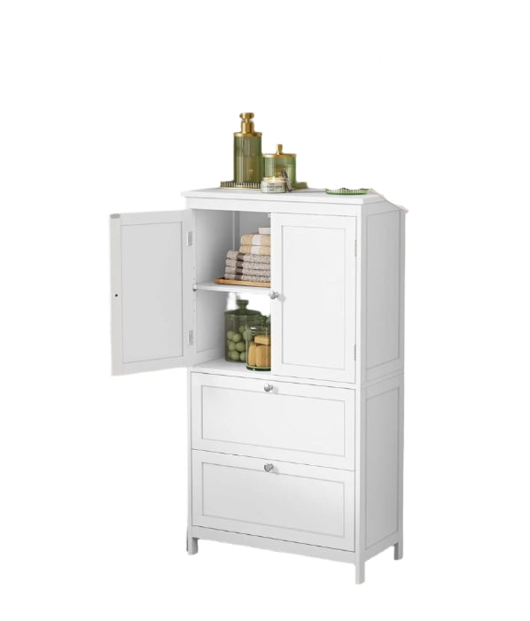 White Bathroom Storage Cabinet – Kitchen Cupboard with 2 Drawers, 2 Doors & Adjustable Shelf, 110cm Tall