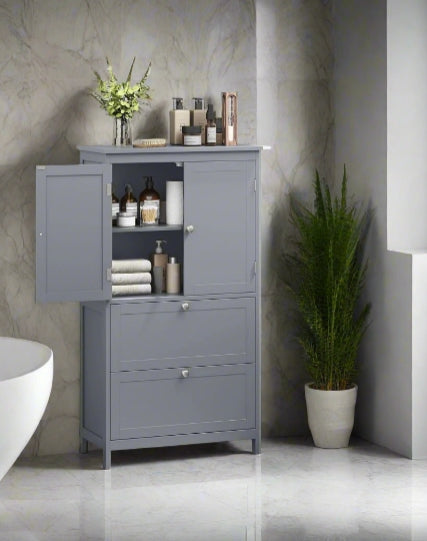 Grey Bathroom Storage Cabinet Kitchen Cupboard with 2 Drawers, 2 Doors & Adjustable Shelf
