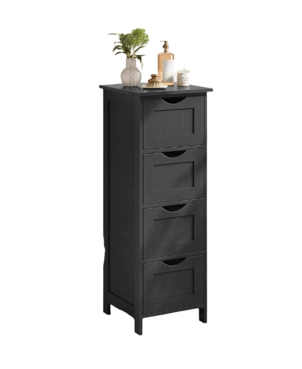 Black Bathroom Floor Storage Cabinet – Freestanding Unit with 4 Drawers