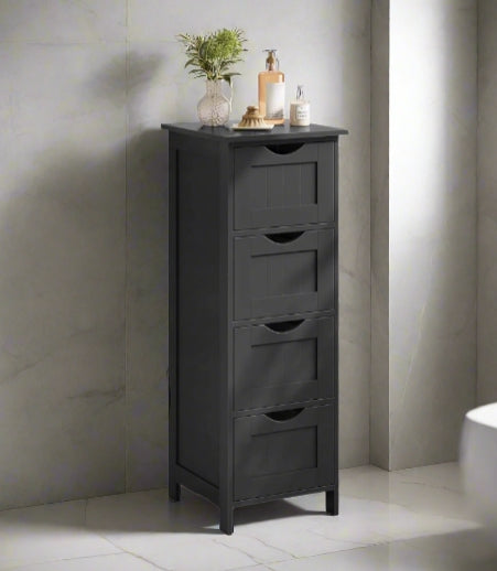Black Bathroom Floor Storage Cabinet – Freestanding Unit with 4 Drawers