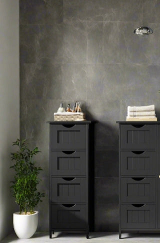 Black Bathroom Floor Storage Cabinet – Freestanding Unit with 4 Drawers