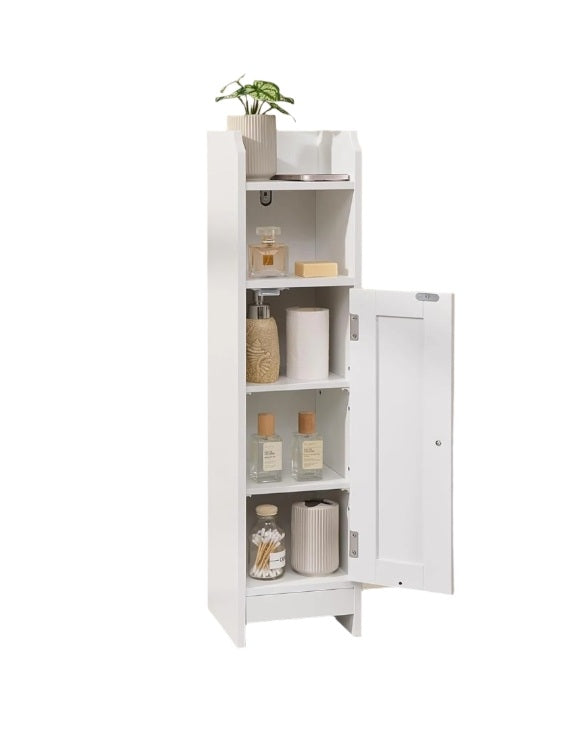 Slim White Bathroom Floor Storage Cabinet – Narrow Freestanding Unit with Door & Adjustable Shelve