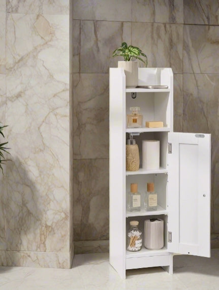 Slim White Bathroom Floor Storage Cabinet – Narrow Freestanding Unit with Door & Adjustable Shelve