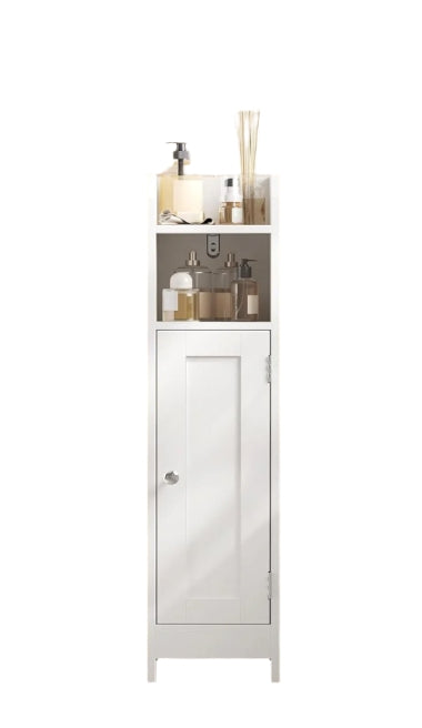 Slim White Bathroom Floor Storage Cabinet – Narrow Freestanding Unit with Door & Adjustable Shelve
