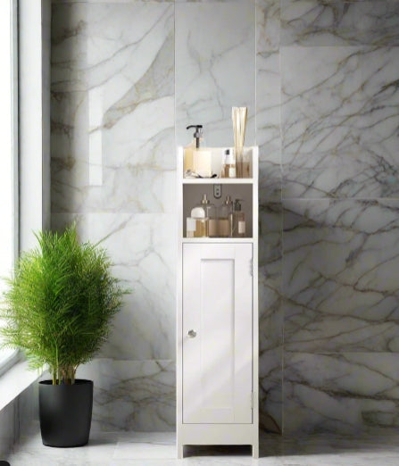 Slim White Bathroom Floor Storage Cabinet – Narrow Freestanding Unit with Door & Adjustable Shelve