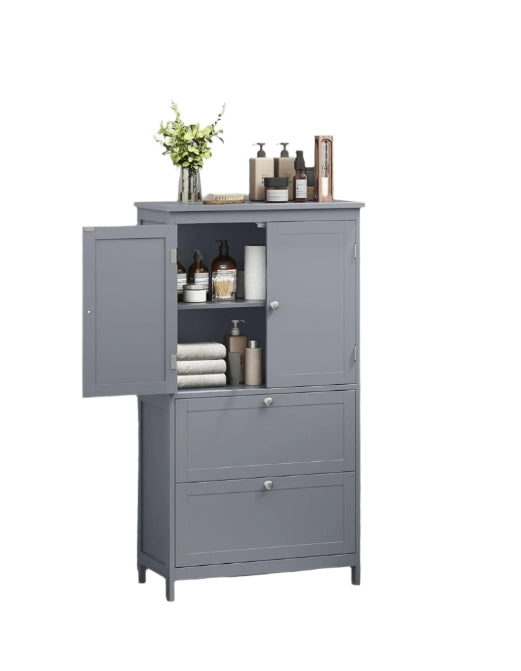 Grey Bathroom Storage Cabinet Kitchen Cupboard with 2 Drawers, 2 Doors & Adjustable Shelf