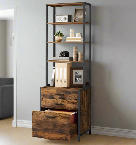 Rustic Brown 3-Drawer Filing Cabinet – Home Office File Cabinet with Height-Adjustable Shelves