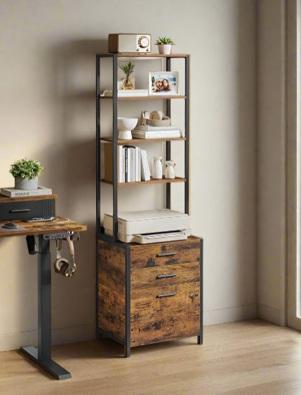 Rustic Brown 3-Drawer Filing Cabinet – Home Office File Cabinet with Height-Adjustable Shelves