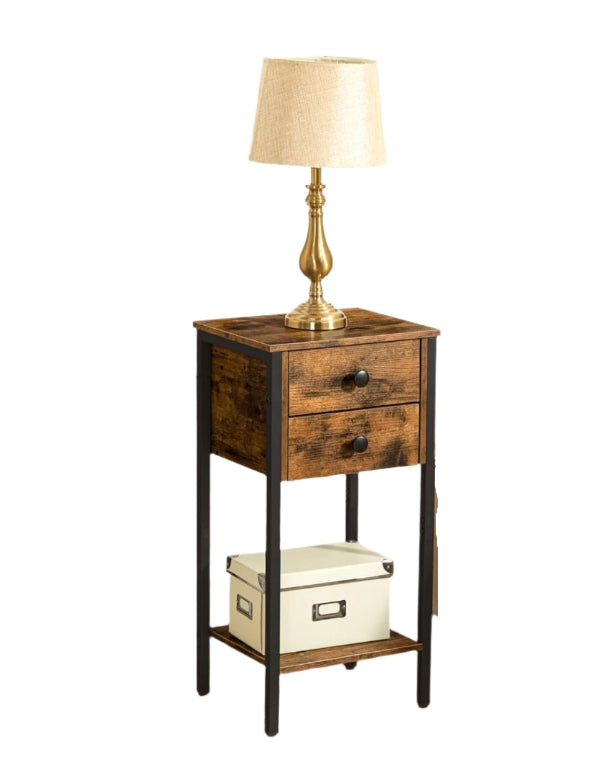 Slim Industrial Bedside Table with 2 Drawers
