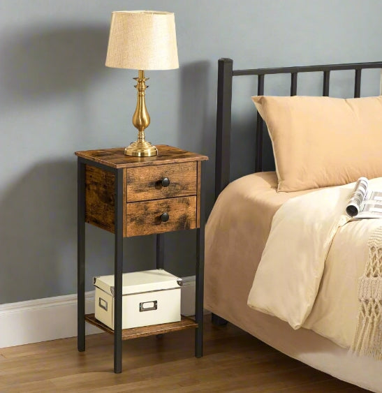 Slim Industrial Bedside Table with 2 Drawers