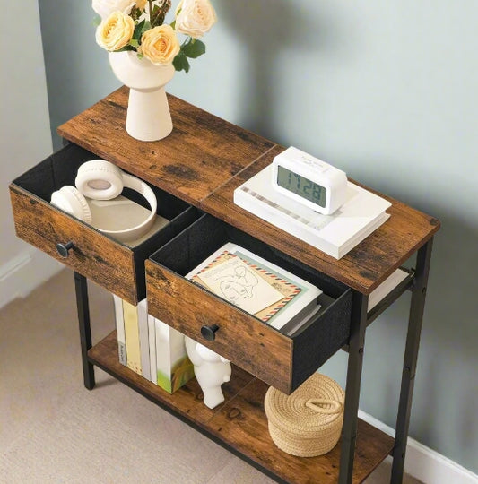 industrial style rustic console table with 2 fabric drawers