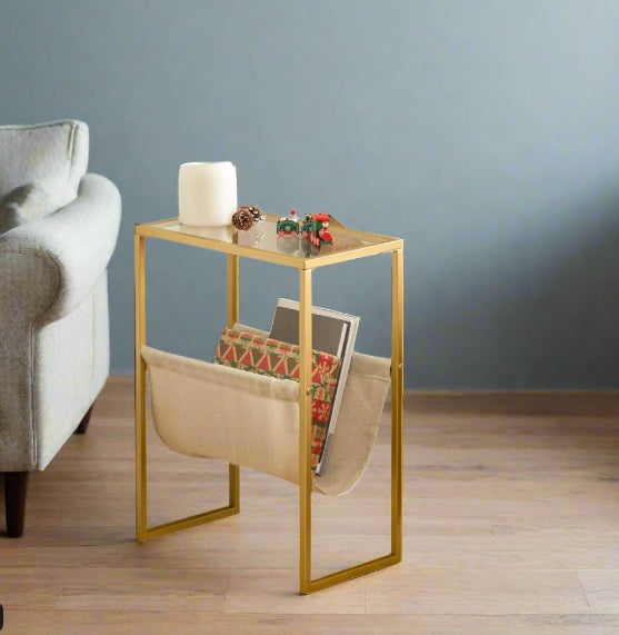 Slim Gold Side Table – Narrow Glass Sofa End Table with Fabric Magazine Holder