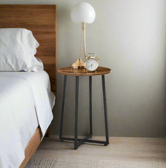 Round Side Table – Small Bedside Table, Industrial Coffee Table with Metal Frame,