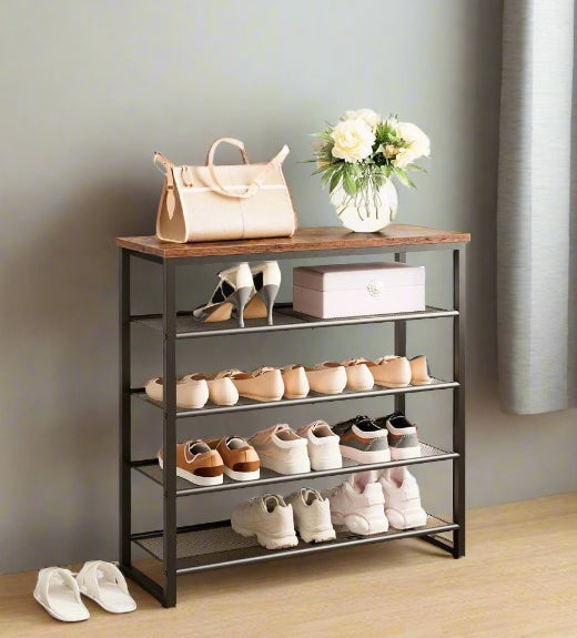 5-Tier Industrial Shoe Rack - Metal Frame Organizer