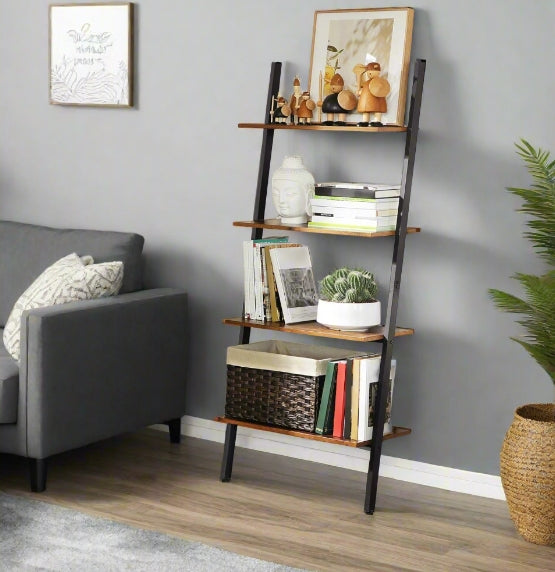 Industrial 4-Tier Ladder Shelf – Wall-Leaning Bookshelf & Storage Rack