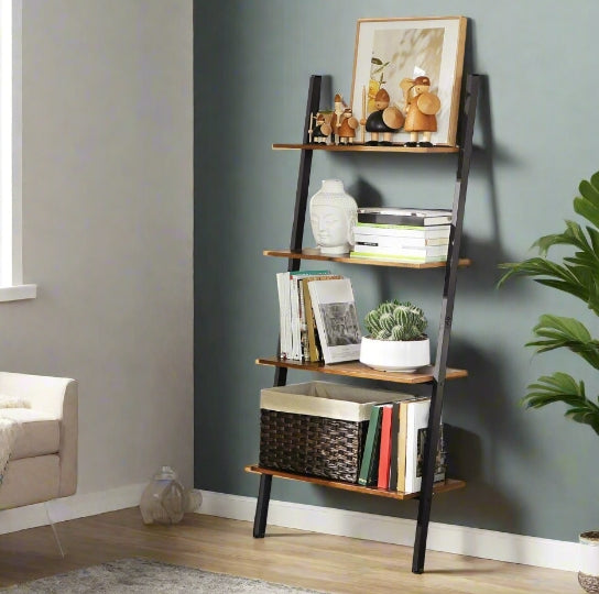 Industrial 4-Tier Ladder Shelf – Wall-Leaning Bookshelf & Storage Rack