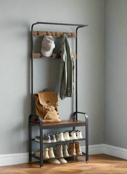 Industrial 4-in-1 Coat Rack with Shoe Bench – Hallway Clothes Stand with 9 Hooks