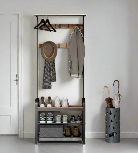 Industrial 4-in-1 Coat Rack with Shoe Bench – Hallway Clothes Stand with 9 Hooks