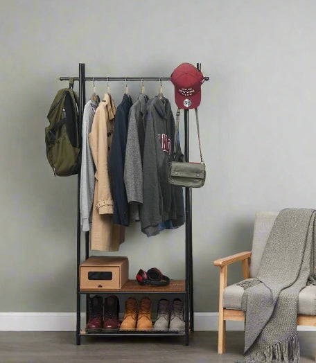 Industrial Coat Rack with Shoe Storage – Freestanding Clothes Stand with Hat Hooks