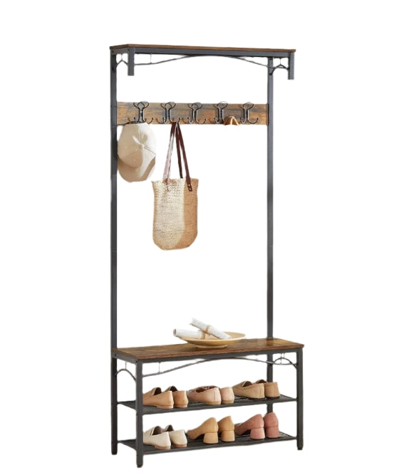 Industrial Coat Rack with Bench and Shoe Rack