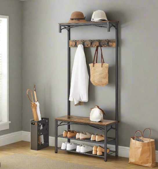 Industrial Coat Rack with Bench and Shoe Rack