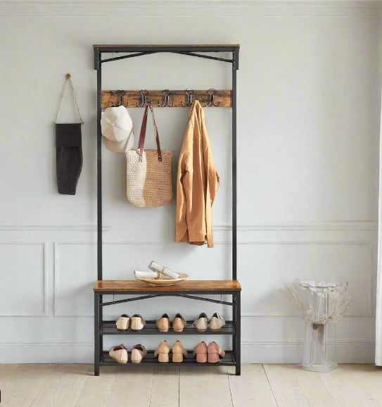 Industrial Coat Rack with Bench and Shoe Rack