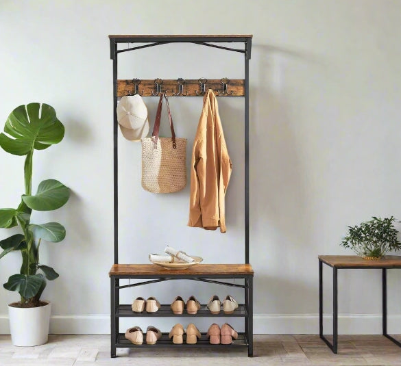 Industrial Coat Rack with Bench and Shoe Rack