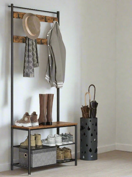 Industrial Coat Stand with Shoe Storage Bench - 3-in-1 Design