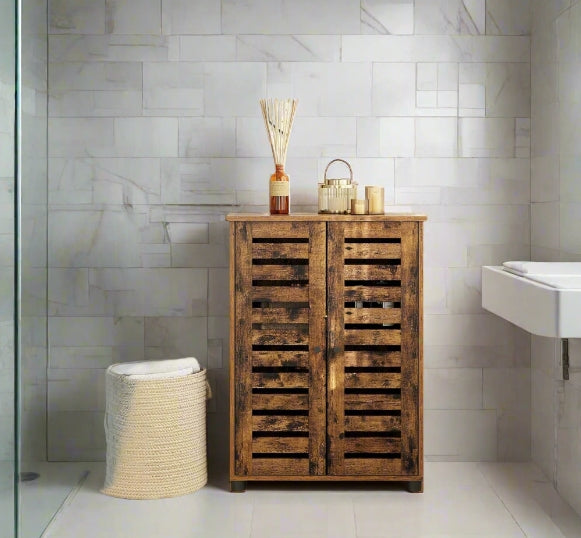 Rustic Bathroom Floor Cabinet – Storage Unit with Doors & Adjustable Shelf