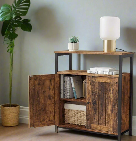 Industrial storage cabinet with rustic brown particleboard and black steel frame, featuring slat door and adjustable shelves in modern living room