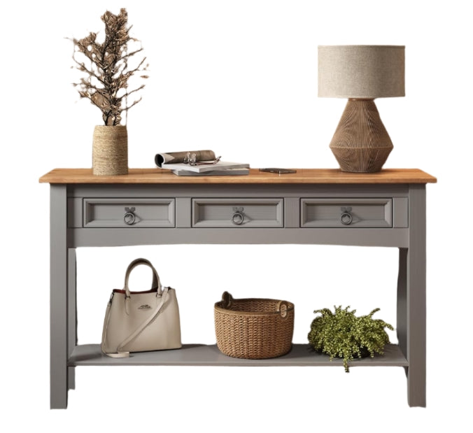 Grey Solid Pine Sideboard – 3-Drawer Rustic Cabinet
