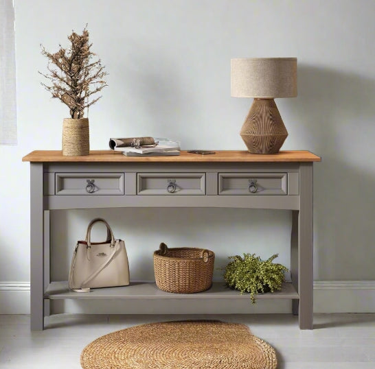Grey Solid Pine Sideboard – 3-Drawer Rustic Cabinet