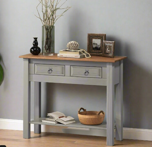Corona grey wax pine chest with drawers, rustic Mexican style sideboard with black metal fittings