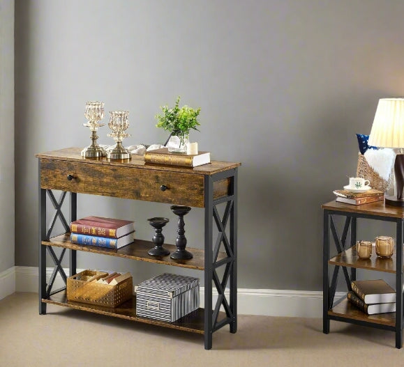 Industrial Console Table with Drawer and 2 Shelves