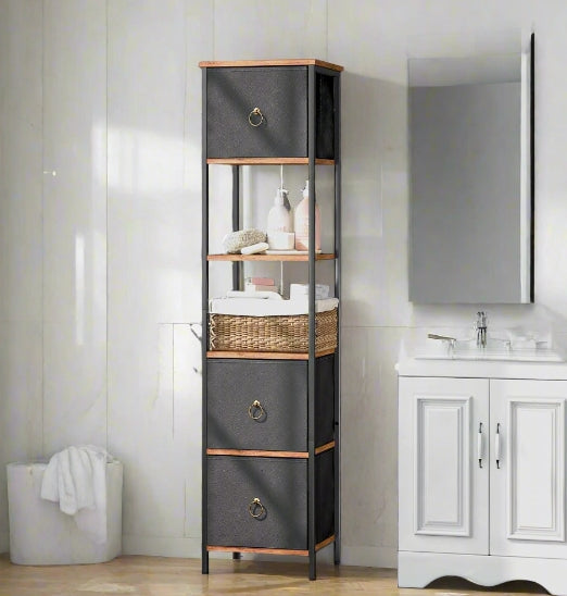 Tall Narrow Corner Storage Cabinet – 3 Fabric Drawers & 2 Open Shelves, Slim Bathroom Unit