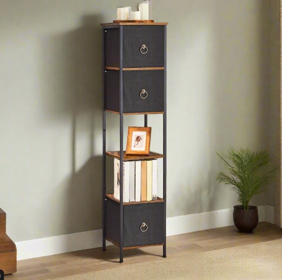 Tall Narrow Corner Storage Cabinet – 3 Fabric Drawers & 2 Open Shelves, Slim Bathroom Unit