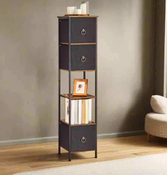 Tall Narrow Corner Storage Cabinet – 3 Fabric Drawers & 2 Open Shelves, Slim Bathroom Unit