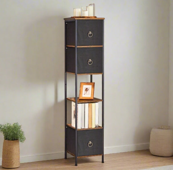 Tall Narrow Corner Storage Cabinet – 3 Fabric Drawers & 2 Open Shelves, Slim Bathroom Unit
