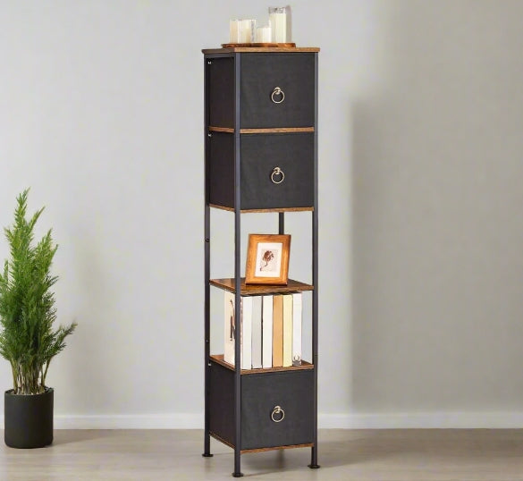 Tall Narrow Corner Storage Cabinet – 3 Fabric Drawers & 2 Open Shelves, Slim Bathroom Unit