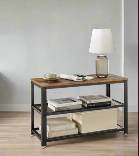 Industrial Style Shoe Bench with 2 Shelves and Steel Structure